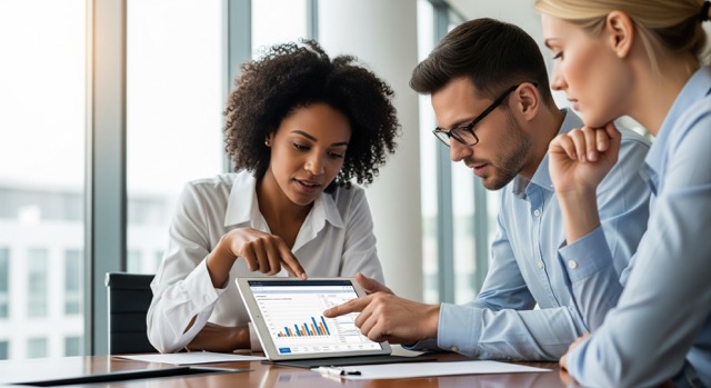 A diverse group of three business professionals (30s 40s) intensely focused around a tablet displaying a financial report, with one pointing to a key figure. They are in a sleek, modern boardroom wit